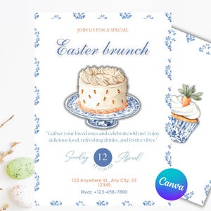 Easter Brunch Invite, Editable Canva, Carrot cake and Blue White Floral, Soft Spring Style, Mobile and Print