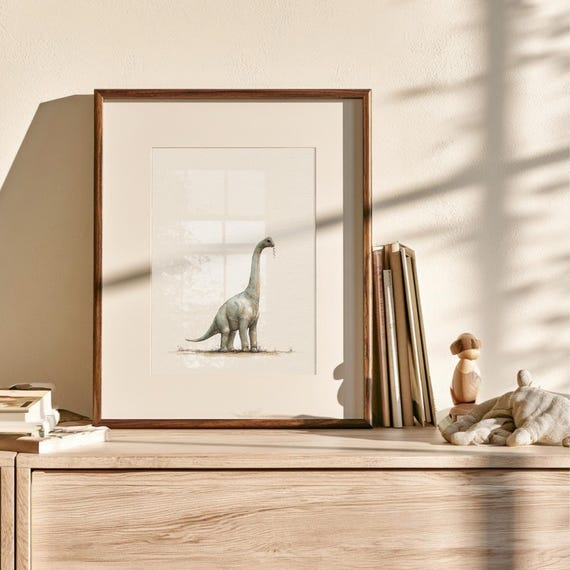 Dinosaur Wall Art - Brachiosaurus Nursery Print | Vintage Neutral Poster Decor