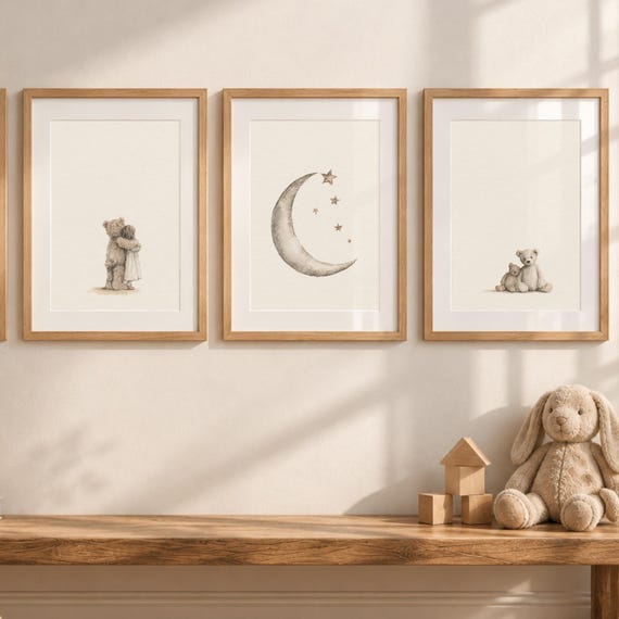 Teddy Bear Nursery Print Set, Moon & Stars, Neutral Vintage Wall Art (Set of 3)