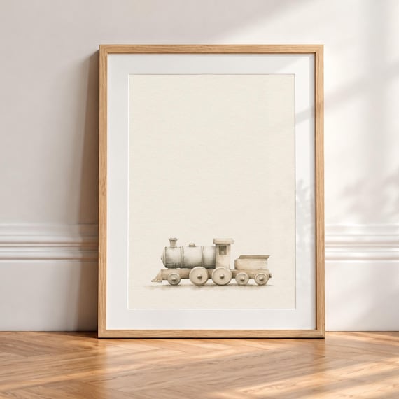 Vintage Train Nursery Print, Wooden Toy Wall Art, Neutral Baby Boy Room Decor