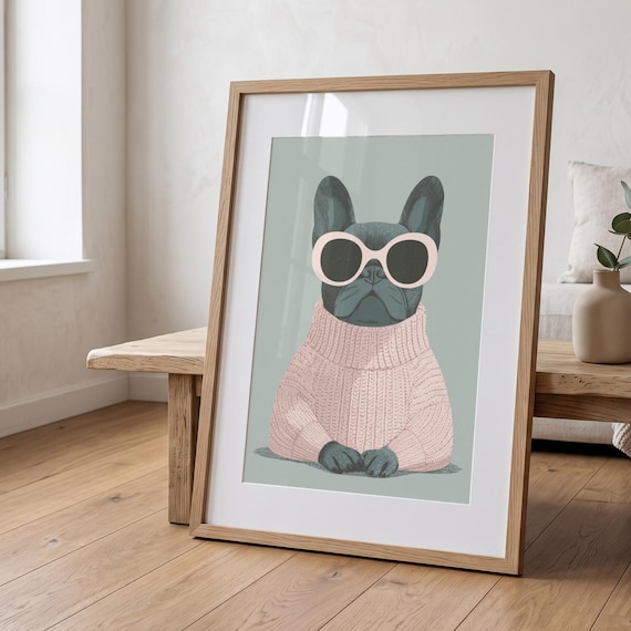 French Bulldog Art Print, Dog in Pink Jumper Sunglasses, Quirky Wall Decor Poster