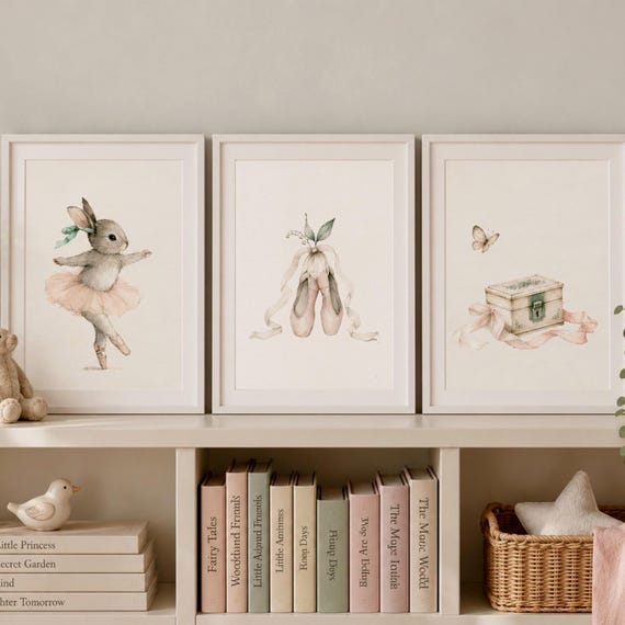 Ballerina Bunny Nursery Prints Set, Watercolor Ballet Shoes, Vintage Music Box (Set of 3)