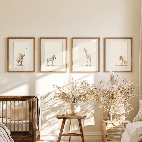 Set of 4 Safari Nursery Prints, Animal Wall Art, Neutral Nursery Decor
