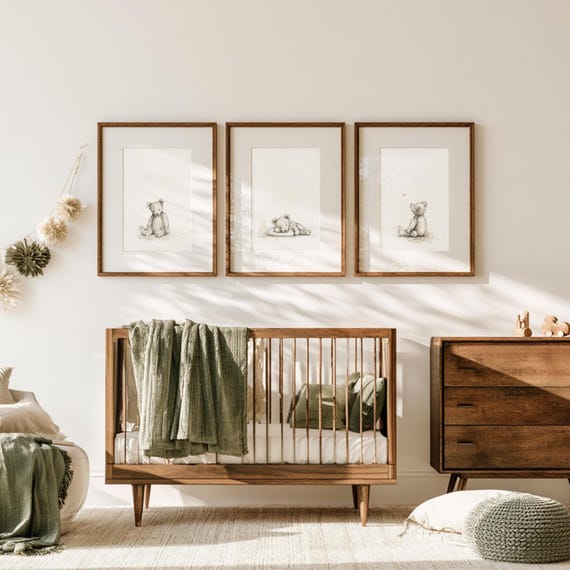 Vintage Teddy Bear Nursery Prints Set, Sketched Watercolor Wall Art (Set of 3)