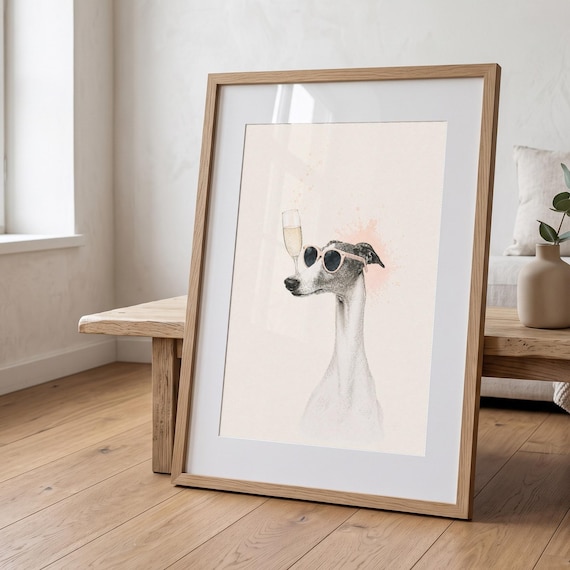 Time to Celebrate | Greyhound Champagne Print | Modern Dog Wall Art | Scandinavian Home Decor