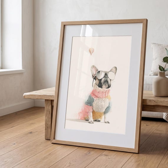 French Bulldog Print | Knitted Jumper, Sunglasses, Hot Air Balloon Wall Art