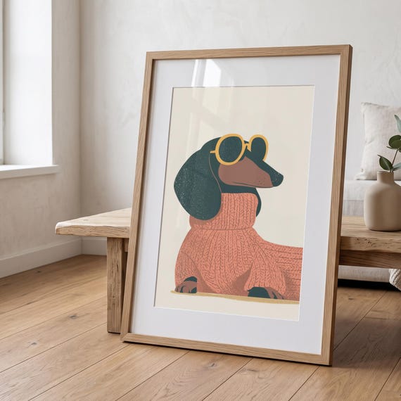 Black and Tan Dachshund Print, Dog in Jumper Wall Art, Quirky Pet Portrait