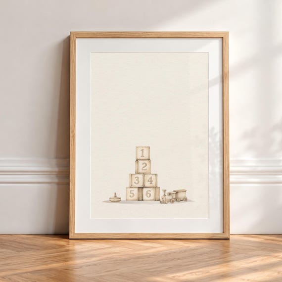 Vintage Toy Nursery Print, Wooden Train & Number Blocks, Neutral Nursery Wall Art