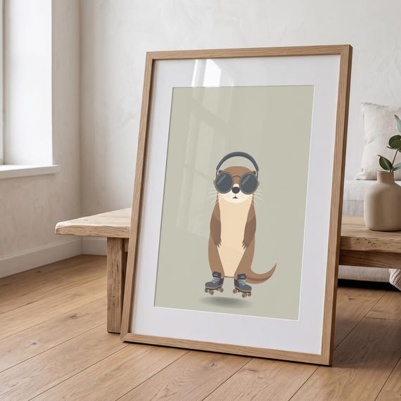 Retro Otter Roller Skate Print, Muted Tones, Kids Nursery Wall Art