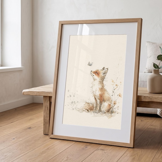 Vintage Fox and Butterfly Nursery Print, Watercolor Woodland Art