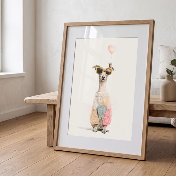 Whippet Dog Print | Heart Balloon, Knitted Jumper, Sunglasses, Scandinavian Art