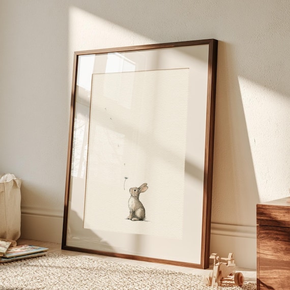 Woodland Rabbit Dandelion Nursery Print | Watercolor Bunny Wall Art