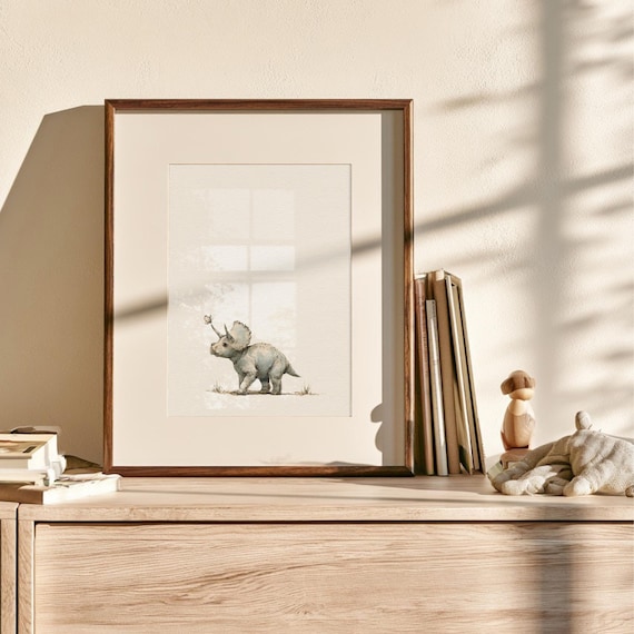 Vintage-Inspired Triceratops & Butterfly Nursery Wall Art | Whimsical Dinosaur Decor