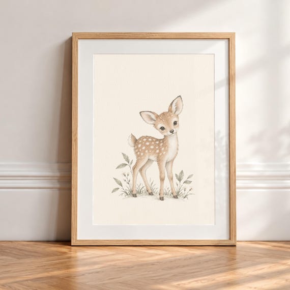 Fawn Nursery Print, Woodland Deer Wall Art, Neutral Baby Room Decor