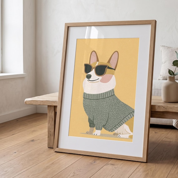 Corgi Art Print, Knitted Jumper Poster, Mustard Yellow Wall Art, Quirky Dog Decor