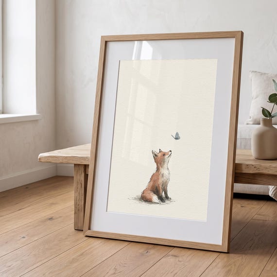 Woodland Fox Butterfly Nursery Print | Watercolor Sketch Animal Wall Art