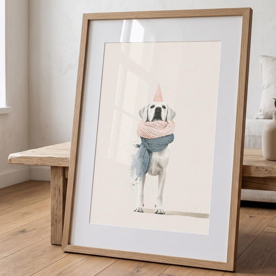 Labrador Party Print | Whimsical Dog Wall Art, Cone Hat Scarf (Matte Paper)