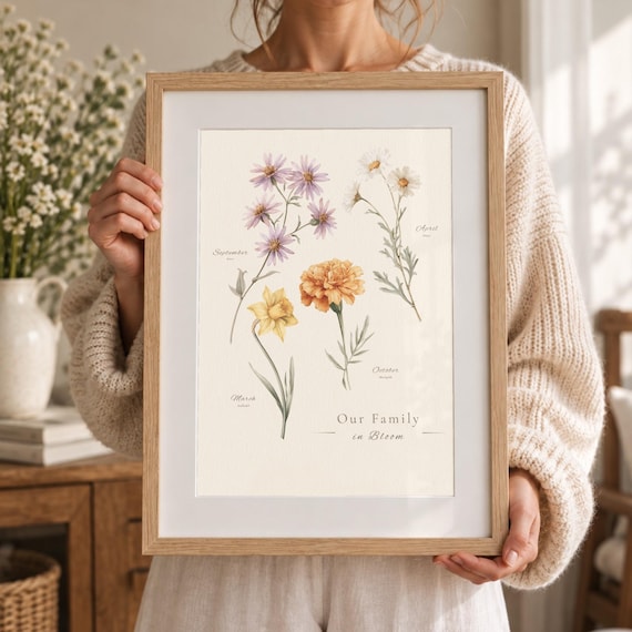 Personalised Birth Flower Family Print, Custom Botanical Wall Art