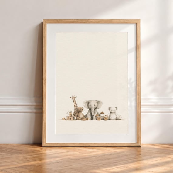 Vintage Toy Nursery Print, Teddy Bear & Elephant Wall Art, Neutral Baby Room Decor