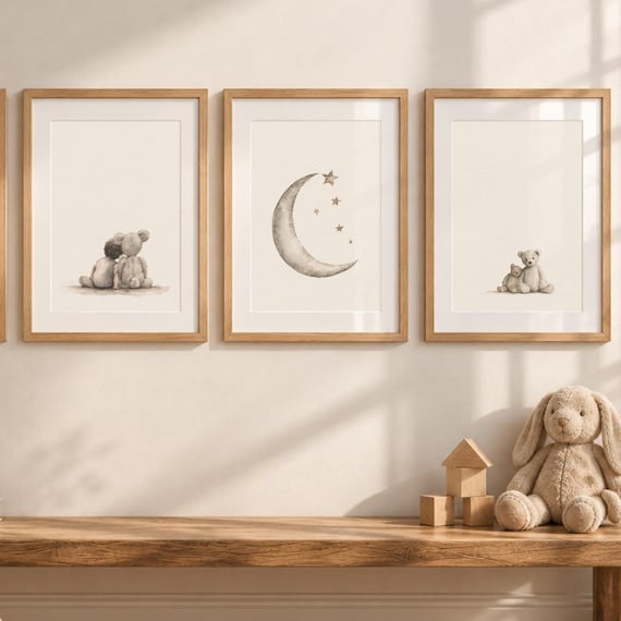Teddy Bear Nursery Prints Set, Moon Stars Baby Room Art (Set of 3)