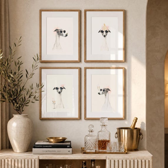 Greyhound Cocktail Prints Set | Scandinavian Dog Wall Art, Watercolour Textures (Set of 4)