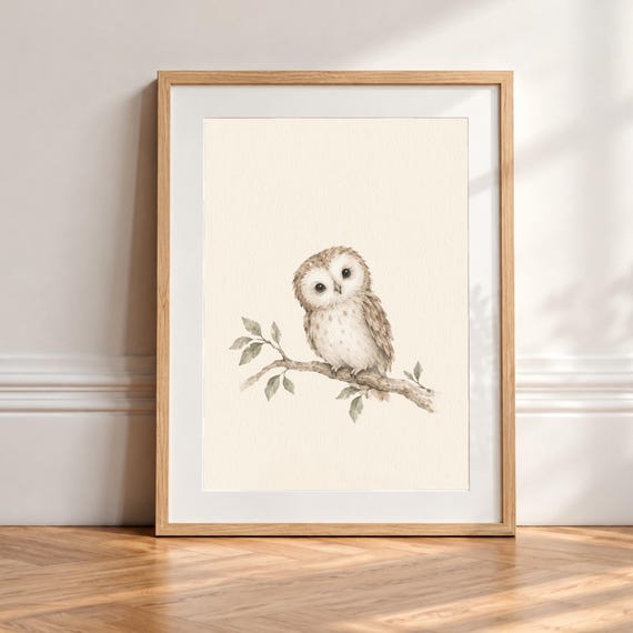 Owl Nursery Print, Woodland Animal Wall Art, Neutral Baby Room Decor