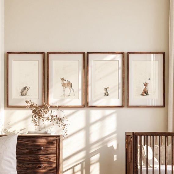 Woodland Nursery Prints | Watercolor Animals, Neutral Decor (Set of 4)