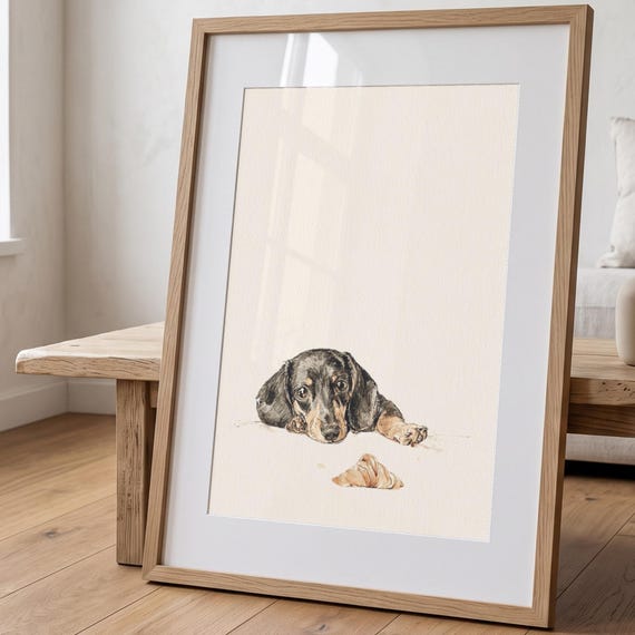 Dachshund Croissant Kitchen Print, Hand-Drawn Watercolor Dog Art, Quirky Wall Decor