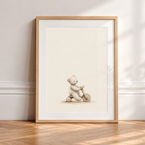 Teddy Bear Nursery Print, Vintage Tricycle Wall Art, Neutral Baby Room Decor