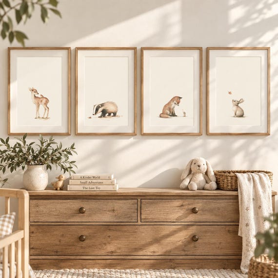Woodland Nursery Prints Set | Fox, Fawn, Rabbit, Badger (Physical Prints)