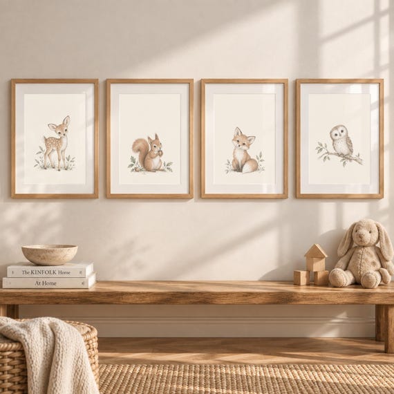 Woodland Animal Prints Set of 4, Baby Nursery Wall Art