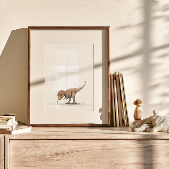 Vintage T-Rex Nursery Art Print | Watercolour Sketch Style with Tiny Wildflower