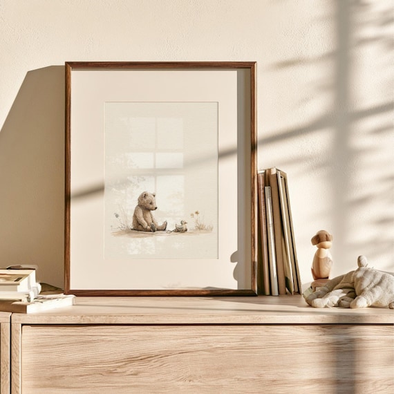 Antique Teddy Bear Art Print | Vintage Teddy with Classic Wooden Toy