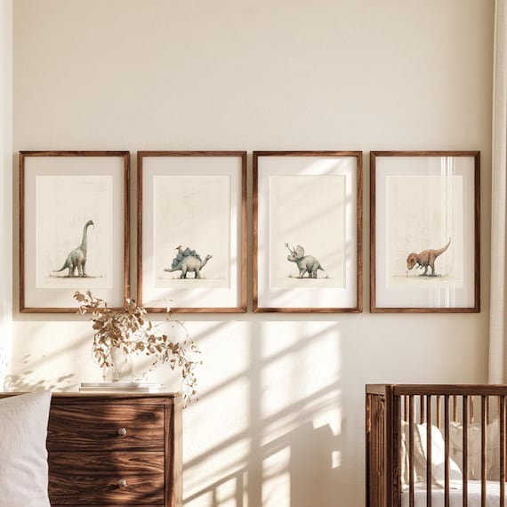 Vintage Dinosaur Nursery Prints – Watercolor Style, Boys Room Decor (Set of 4)