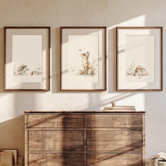 Vintage Woodland Nursery Prints Set, Fox Hedgehog Mouse Wall Art (Set of 3)