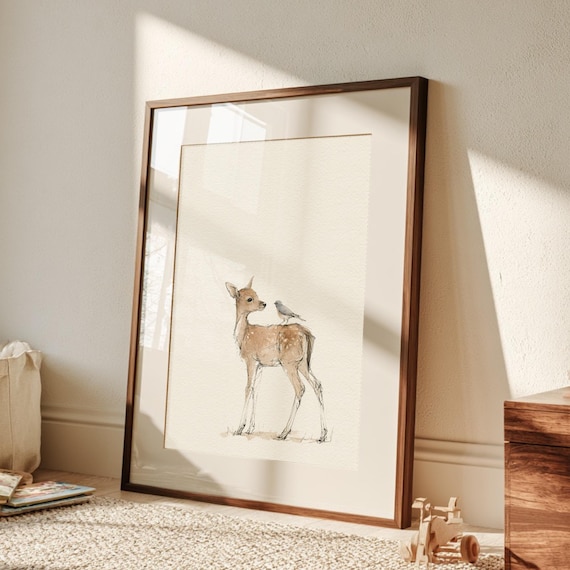 Woodland Fawn and Bird Nursery Print | Watercolor Sketch Wall Art
