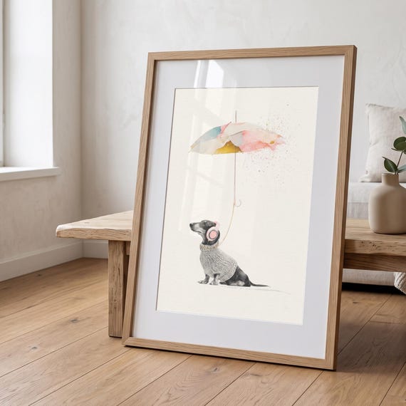 Dachshund with Umbrella Print | Cozy Dog Wall Art, Scandinavian Style