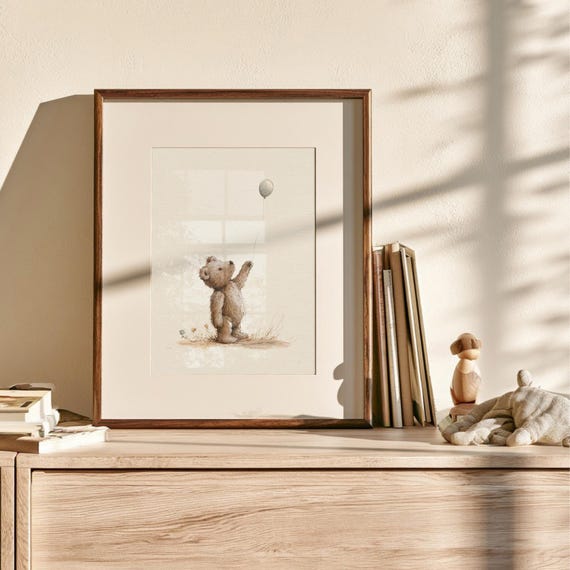 Antique Teddy Bear Art Print - Vintage Nursery Decor with Bear and Balloon