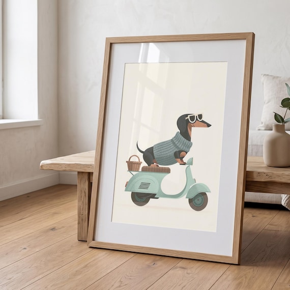 Dachshund Riding Scooter Poster, Retro Mint Green Dog Art Print, Quirky Pet Decor