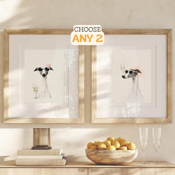 Cocktail Club Dog Prints | Choose Any Two Whippet Wall Art Pair