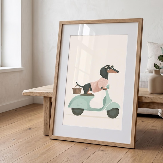 Dachshund Mint Green Scooter Poster, Retro Dog Art Print, Quirky Pet Portrait