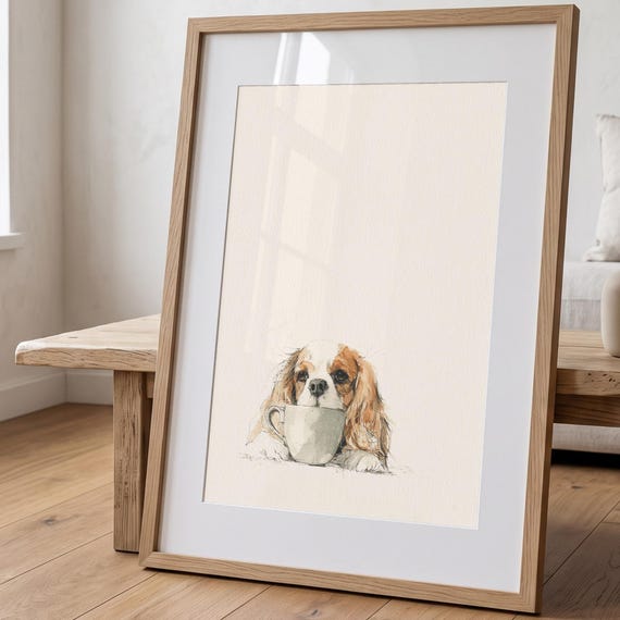 Cavalier King Charles Spaniel Dog Print, Whimsical Tea Cup Kitchen Wall Art