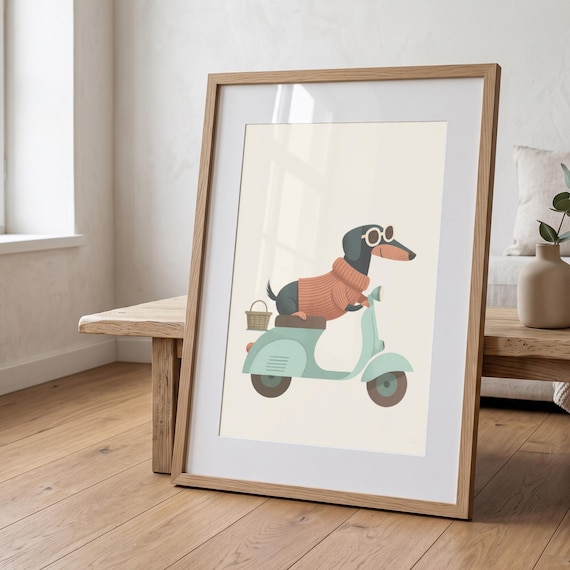 Dachshund Riding Scooter Print, Dog in Orange Jumper, Retro Wall Art