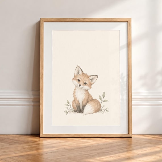 Fox Nursery Print, Woodland Animal Wall Art, Neutral Baby Room Decor