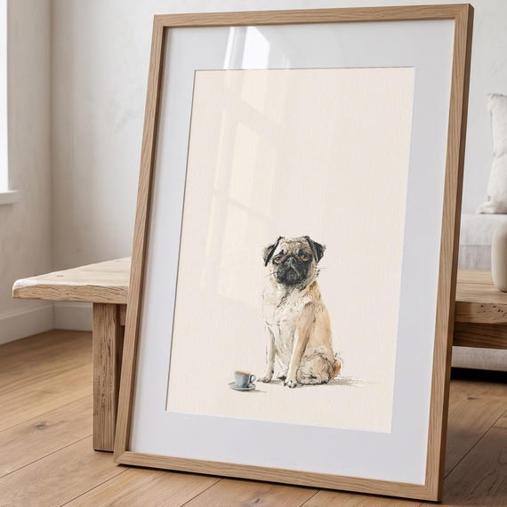 Pug Espresso Print, Funny Dog Line Art, Quirky Kitchen Wall Art