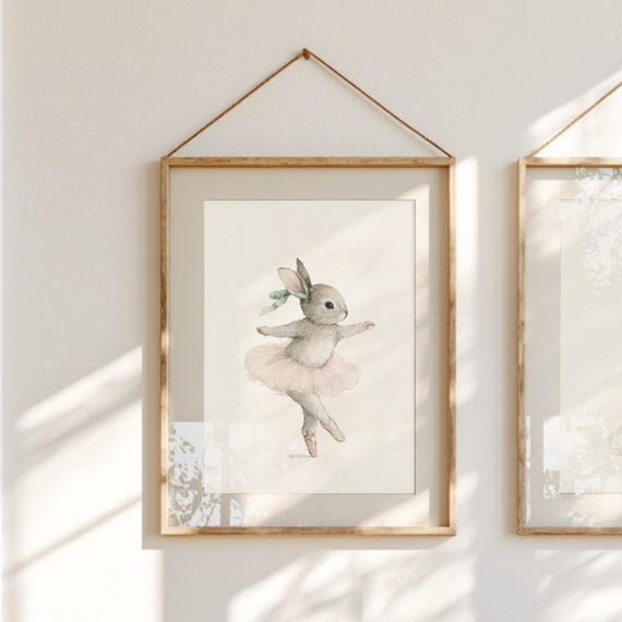 Ballerina Bunny Nursery Print, Blush Pink and Sage Green, adorable illustration