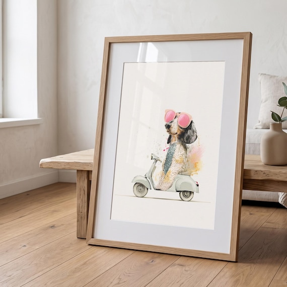Dachshund Scooter Print | Whimsical Dog Wall Art, Scandinavian Style, Knitted Jumper, Sunglasses