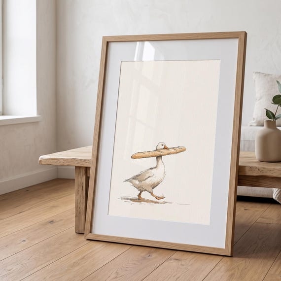 Whimsical Goose with Baguette Print, Vintage Nursery Art, Cottagecore Kitchen Decor