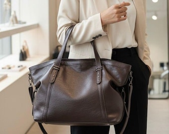 Large Capacity Brown Leather Tote Bag | Women's Shoulder Shopper