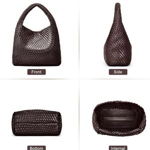 May include: A dark brown woven handbag, shown from multiple angles. The bag has a large, open top and a braided handle. The front, side, bottom, and internal views are displayed, showcasing the bag's texture and design.